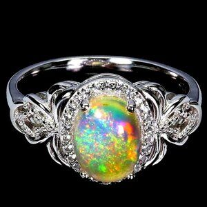925 Sterling Silver Ring Sz 7.5 with Natural Fire Opal 9x7mm & White Topaz Gems.